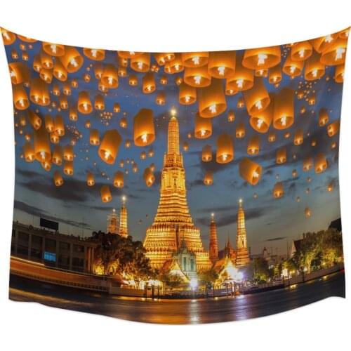 Kongming Lantern Night Building Wall Tapestry Home Wall Decor Bedroom Tapestry Wall Hanging Yoga Mat Picnic Mat