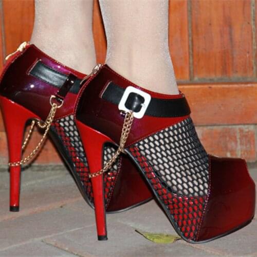 Summer Ladies Mesh red Gradient Leather Patchwork Sandals Buckle Chains Stiletto Heels Woman Peep toe Ball Party Pumps Shoes