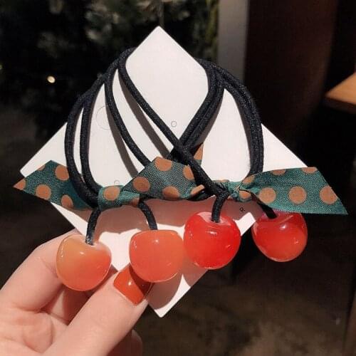 Fashion Hot Selling Acrylic Cherry Hair Band Fabric Bowknot Hair Rope Women Girls Students Hair Rings Headpiece Hair Accessory