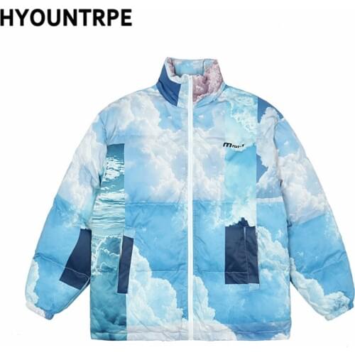 Fashion Harajuku Sky Clouds Jackets and Coats Mens Casual Bomber Cotton Padded New Winter Parkas Warm Zipper Outerwear Hipster