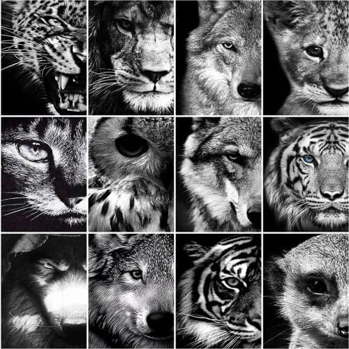 MomoArt Diamond Mosaic Tiger Animal Diamond Painting Wolf Cross Stitch Black White Embroidery Lion Needlework Beaded Home Decor