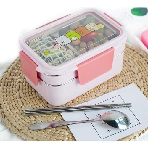 Cartoon Lunch Box Stainless Steel Double Layer Food Container Portable Kids Picnic School Bento Box