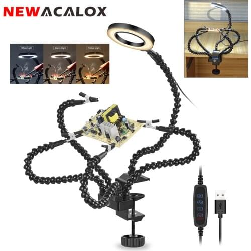 NEWACALOX Third Hand 3X Magnifying Glass LED Lamp Soldering Stations 5PC Universal Pipe Metal Base Desktop Clip Repair Tool
