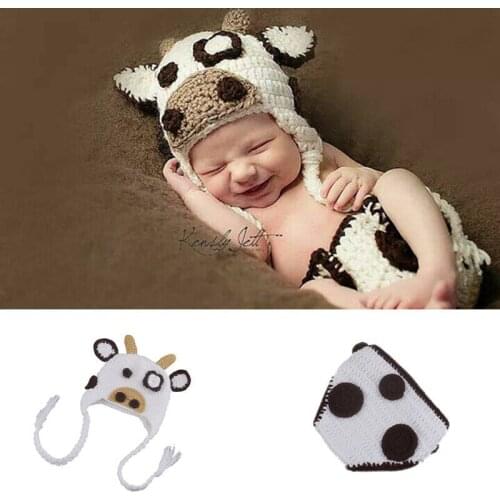 Newborn Monthly Baby Cow Clothes Photo Props Handmade Knitted Outfits for Girls Boys Hat Set Infant Costume Photography Shoot
