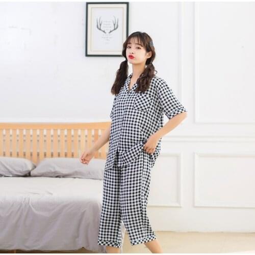 Summer New Women Cool Comfortable Pajamas Short Sleeve Plaid Pyjamas Women Sleepwear Cute Calf-Length Pants Pijama Sleep Set