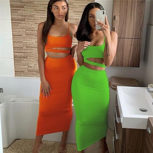 Casual Sexy Two Pieces Set Sleeveless Vest Solid Color Suit Thin shoulder Strap + Hight Waist Hip Ankle Skirt Girls Summer Set