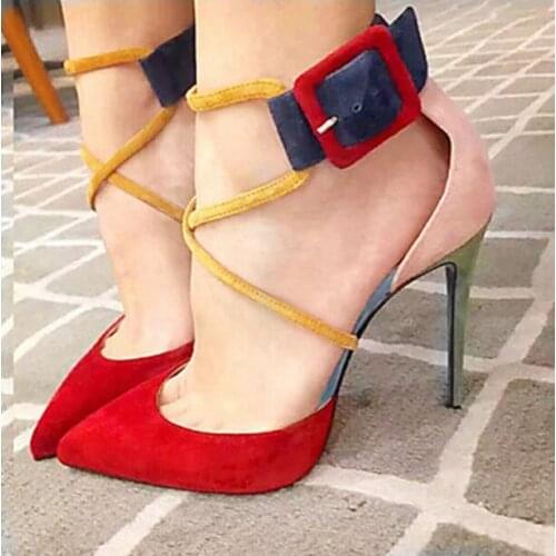 Drop Shipping Brand Woman Sexy Suede Patchwork Red Yellow Blue Cross Tie Big Buckle Strap Pointed Toe Stiletto Heels Party Pumps