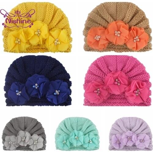 Hand Sewing Beands Floral Baby Girls Indian Hats Comfortable Warm Knitting Wool Infant Caps Kids Hair Accessories Holiday Gifts