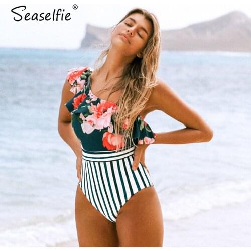 SEASELFIE One Shoulder Ruffled One-piece Swimsuit Women Sexy Floral Stripe Monokini Swimwear 2021 Beach Bathing Suit Beachwear