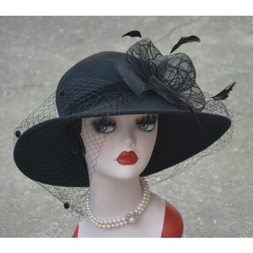 Womens Trendy Wool Felt Floppy Wide Brim Dressy Wedding Church Veil Netting Hat A322