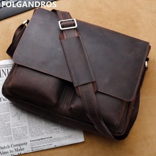 FOLGANDROS Genuine Leather Messenger Bag Men Brand Satchel Shoulder Bag with Cell Phone Pocket Men Designer Simple Cowhide Bolsa