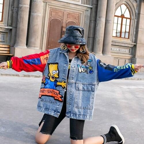 Wenfly Female Jeans Jacket Fashion Embroidery Sequin Patchwork Long Sleeve Loose Streetwear Denim Outerwear Korean Harajuku