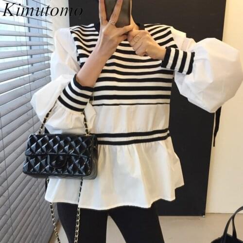 Kimutomo Casual Striped Patchwork Blouse and Shirt Women O-neck Bow Lace-up Lantern Sleeve Ladies Chic Tops Spring 2021