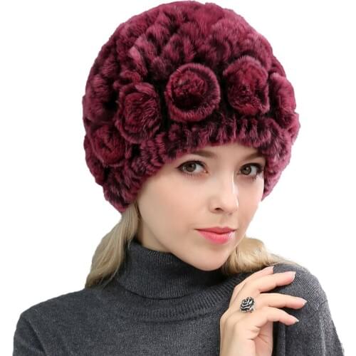 Women Real Rex Rabbit Fur Beanies Caps Hand-Woven Female Winter Warm Soft Hats With Flowers 6Colors