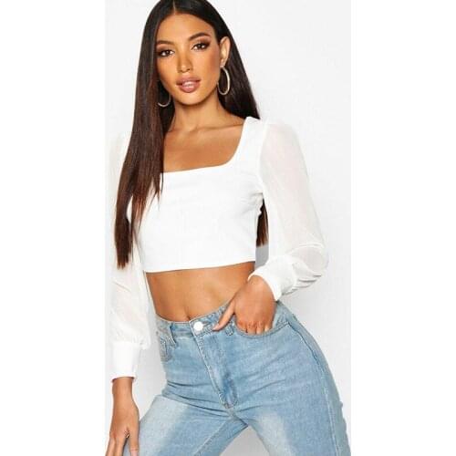 Womens Square Neck See through Lace Mesh Sheer Crop Tops Puff Long Sleeve Evening Party Club Wear Shirt Blouse