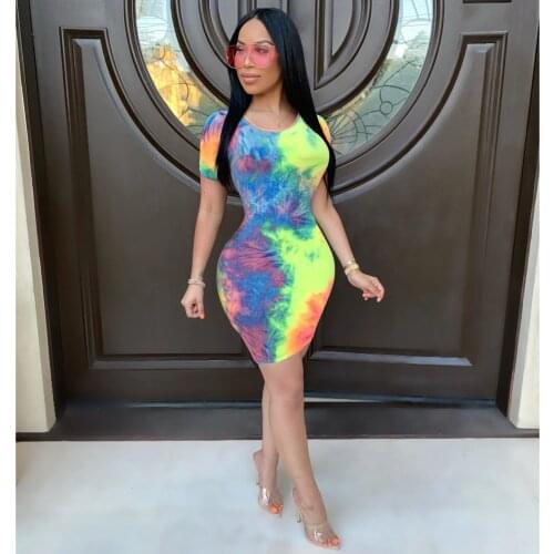 Woman Tie-dye Print Dress Sexy Short Sleeve Round Neck Dress Summer Slim Clothes 2020 Fashion Clothes Hot Sales