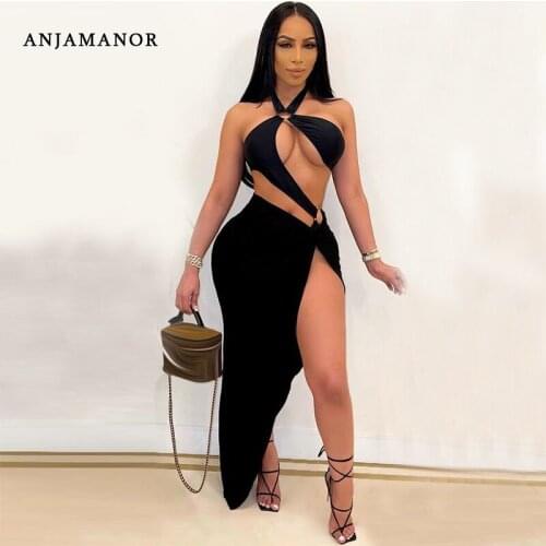 ANJAMANOR Sexy Two Piece Set Summer Beach Vacation Outfits Cut Out Halter Top Bodysuit High Split Maxi Skirt Night Dress D96CG26