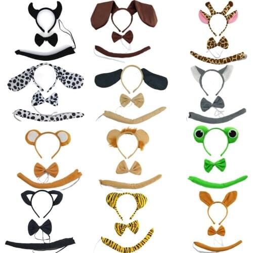 12Pack Animal Ear Headband Plush Tail Bow Tie Costume Set Halloween Christmas Birthday Party Dog Giraffe Wolf Bear Lion Frog Cat