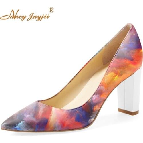 2021 Autumn Watercolor Leather Pumps High Square Heels Pointed Toe High Heels Women Dress Party Casual Zapato Nancyjayjii