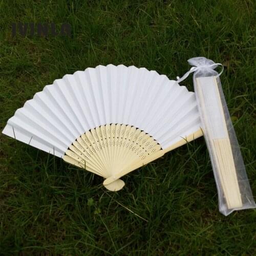 50pcs/Lot 21cm White Wedding Hand Fan with white organza Gift bag pouch for Wedding&Party Favors