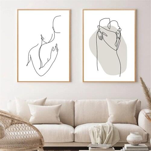 Abstract Line Drawing Print Couple Hug Canvas Painting Love Romantic Poster Black And White Wall Art Pictures Living Room Decor