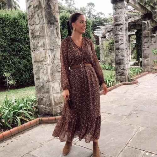 Ardm Elegant Woman Dress Chic Belt Chiffon Leopard Print Ruffled Midi Dress Vintage V Neck With Lining Female Dresses Vestidos