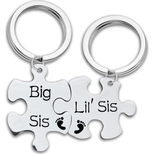 2pcs/Sets Big Sis Lil Sis Words Puzzle Key Chain Gift for Sister Friends Anniversary Festival Jewelry Silver Color KeyChains
