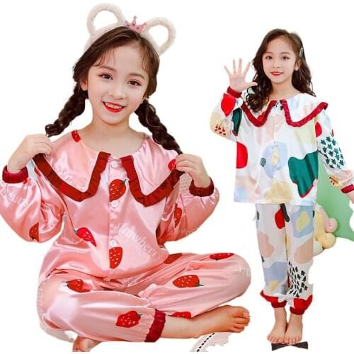 Childrens Sleepwear Teens Nightshirt Girls Simulation Ice Silk Pajamas Strawberry Pineapple Animal Print Home Clothing Sets
