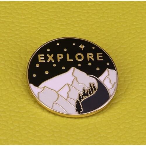 Mountain enamel pin explore adventure brooch Alpine nature scene tree starry sky badge outdoors travel jewelry backpack pins gif