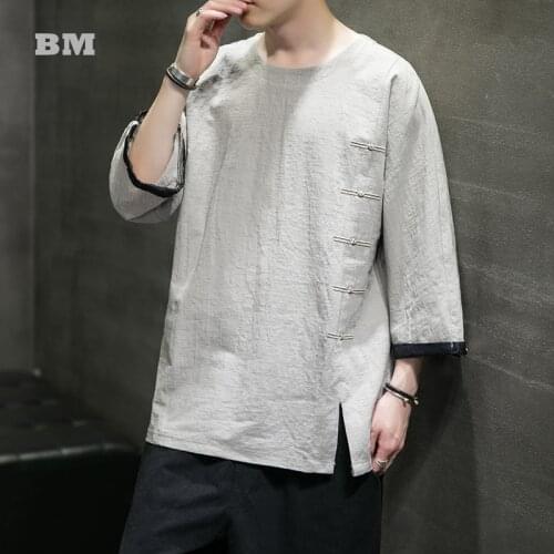 Chinese Style Three-Quarter Sleeves Summer Plus Size T Shirt 2021 Japanese Harajuku Cotton Linen Wu Tang Tops Men Clothing