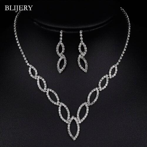 BLIJERY Simple Leaf Design Wedding Jewelry Sets for Women Sparkling Rhinestone Crystal Necklace Earrings Bridal Jewelry Sets