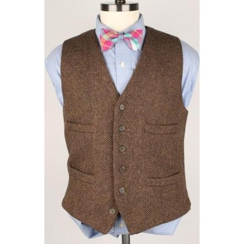 Brown Herringbone TWEED mens Vest Custom Made Six Buttons Grooms Suit Vest Slim Fit Tailor Made Wedding Waistcoat