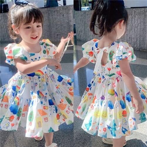 Fashion Girl Flower Dress Summer Printed Dress Kid Causal Puff sleeve Outfit Princess Party Birthday for 3-7 Ys