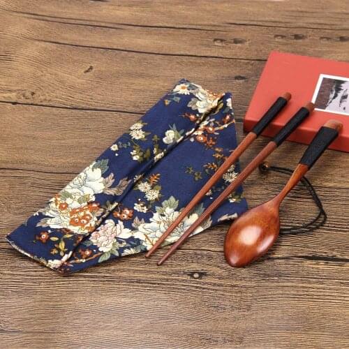 Chinese Japan Style Wooden Tableware Set Spoon Fork Chopsticks Storage Case Travel Cutlery Set Bag Travel Portable Dinnerware