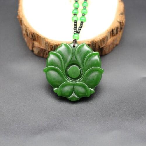 Natural Green Jade Flower Pendant Necklace Beads Chinese Hand-Carved Charm Jadeite Jewelry Fashion Amulet for Men Women Gifts