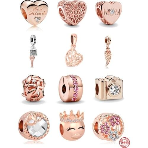 New free shipping rose gold wing key lock dangle heart mom diy bead fit Original Pandora charms silver 925 bracelet women