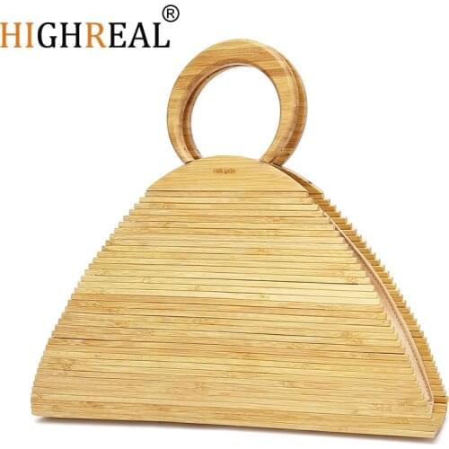 New Summer Bamboo Beach Bag Women Vintage Wooden Ring Handle Half Moon Woven Handbag Ladies Retro Straw bag Casual Vacation