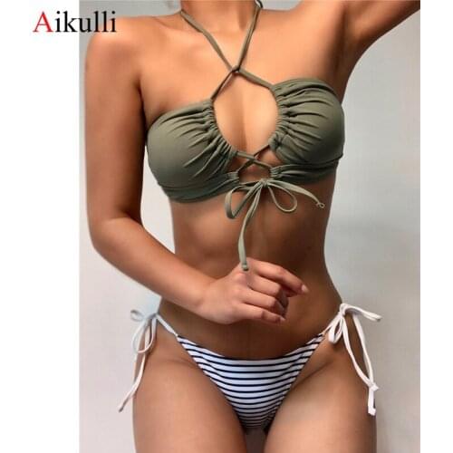 Sexy Hollow Halter Lace Bikini set Swimsuit Women Striped Swimwear 2021 Summer Beach Biquini Bathing Suit Female Bather Swimming