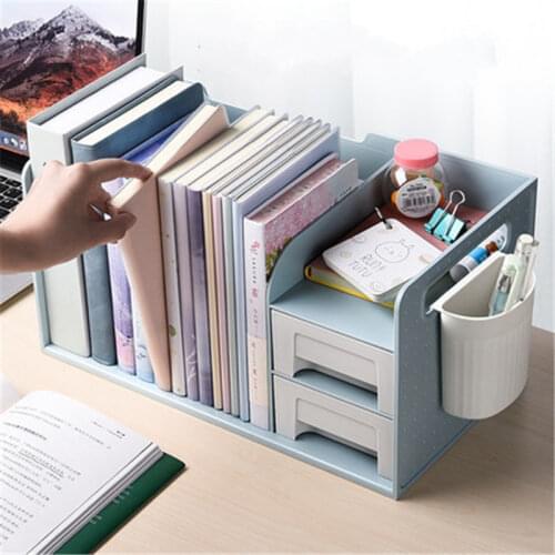 PP Plastic Book Holder Bookends with Two Drawers Students Desk Magazine File Holder Organizer Office Book Support Stand Rack