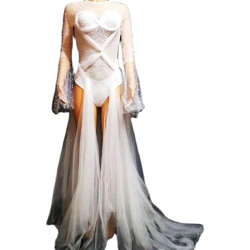 Luxury Inliad Pearls White Mesh Bodysuit Stage Wear Bar DS Dance Jumpsuits Women Prom Party Celebrate Party Long Tail Dress
