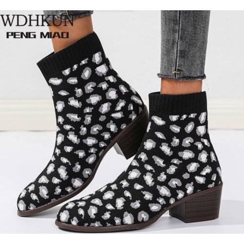 WDHKUN 2020 Fashion Women Boots Beige Pointed Toe Yarn Elastic Ankle Boots Thick Heels Shoes Autumn Winter Female Socks Boots