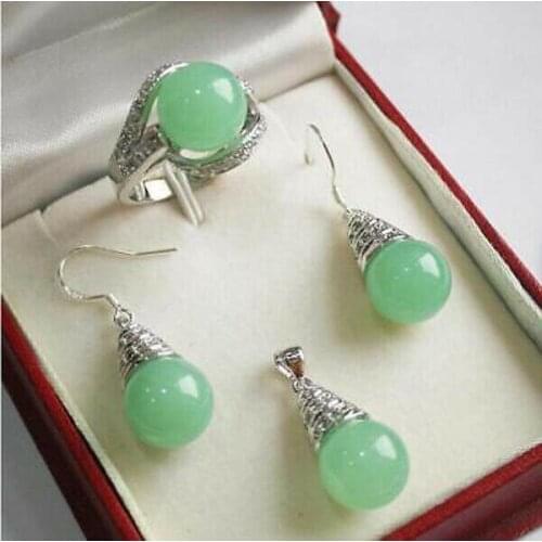 Jewelry AAA 12mm Green jade Pendant Necklace Earrings Ring set