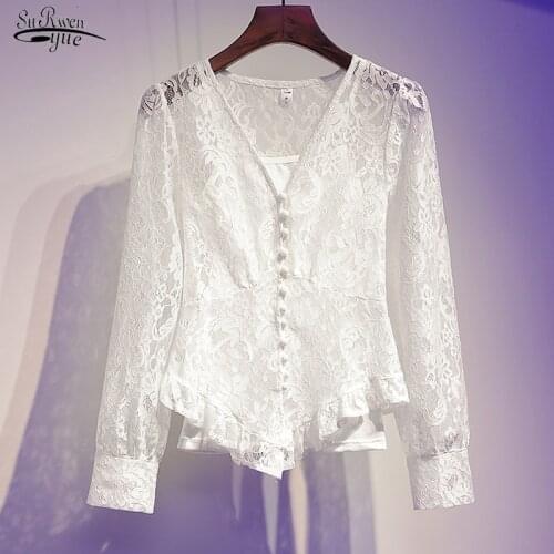 2021 Spring Autumn White Lace Blouse Women Tops Sexy V Neck Long Sleeve Women Shirts Fashion Floral Female Clothing Blusas 14027