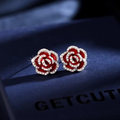 Retro Red Black Rose Women Stud Earrings Elegant Camellia Rhinestone Female Earring Silver Needle 2021 Spring Summer Earing