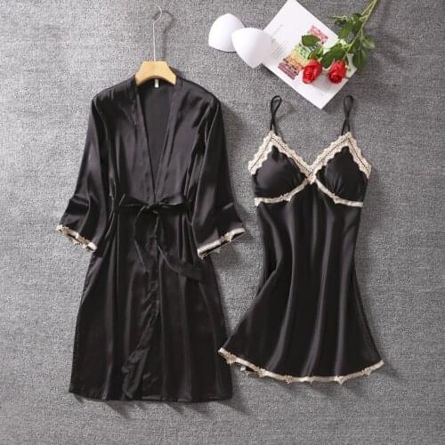 2pcs Nighty Bathrobe Gown Sets Sexy Lace V-Neck Kimono Sleepwear Bride Summer New Womens Satin Robe With Chest Pads Nightgown