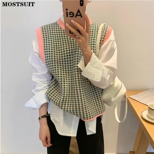 Knitwear Sweaters Vest Plaid Women Loose Jumpers Chic 2021 Sweet Warm Pullovers Elegant Ol Autumn New Girl Clothes