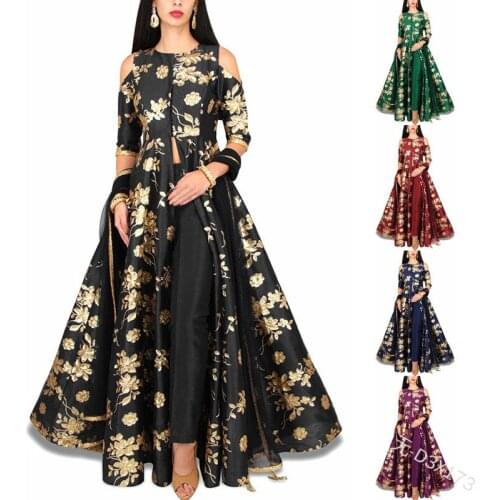 2021 Womens Fashion Elegance Bronzing Printing Long Dress Retro National Style Slim Big Skirt High Split Robe 5XL