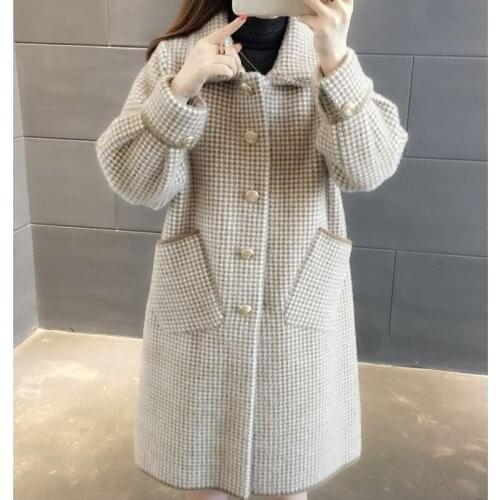 Imitation Mink Velvet Coat Womens Autumn Winter Jacket Plus Size Plaid Knitted Cardigan Loose Mid-Length Woolen Jackets X528