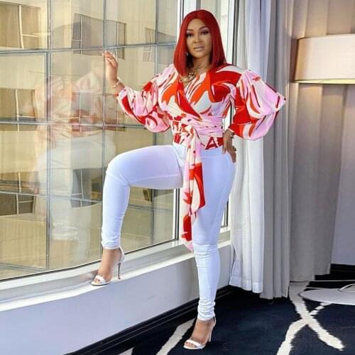 Women Blouses Full Pull Sleeve V-neck Pullover Print Chiffon Tops Fashion Office Lady Blouse Summer Fall Clothing 2021