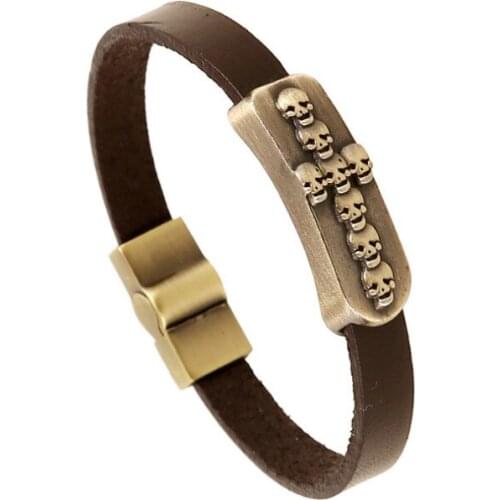 Punk Gothic Skull Bracelet Cuff Alloy Skeleton Cross Charm Bangle Wrap Magnetic Clasp Leather Wristbands Vintage Fashion Jewelry